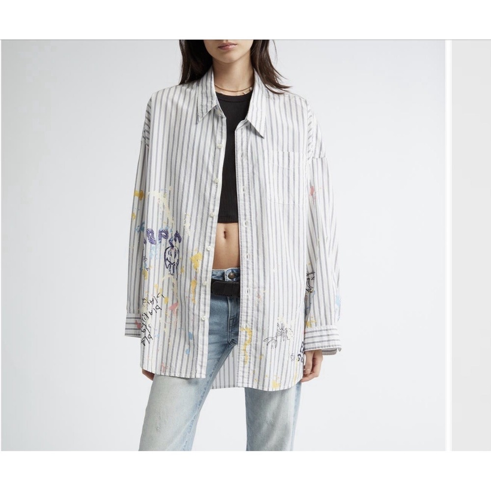 R13 Button-Up Shirt Women's Size M Oversized Fit Drop Neck Stripe Scribble Print
